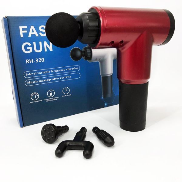 Аккумуляторный массажер Fascial Gun KH-320 портативный ручной ударный мышечный пистолет 4 насадки красный ws15677-2 фото