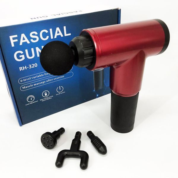 Аккумуляторный массажер Fascial Gun KH-320 портативный ручной ударный мышечный пистолет 4 насадки красный ws15677-2 фото