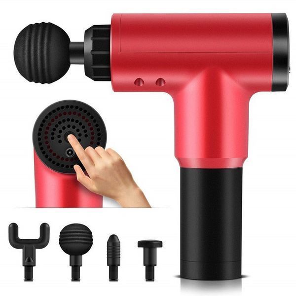 Аккумуляторный массажер Fascial Gun KH-320 портативный ручной ударный мышечный пистолет 4 насадки красный ws15677-2 фото