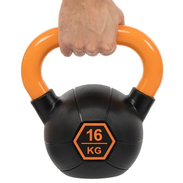 Гиря тренировочная цельная обрезиненная с окрашенной ручкой LiveUp Urethane competition kettlebell UAZE5336-16 вес 16кг черный-оранжевый UAZE5336-16 фото