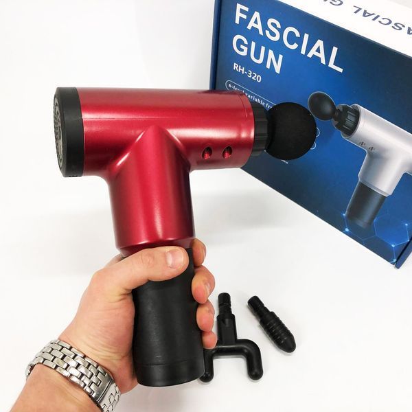 Аккумуляторный массажер Fascial Gun KH-320 портативный ручной ударный мышечный пистолет 4 насадки красный ws15677-2 фото