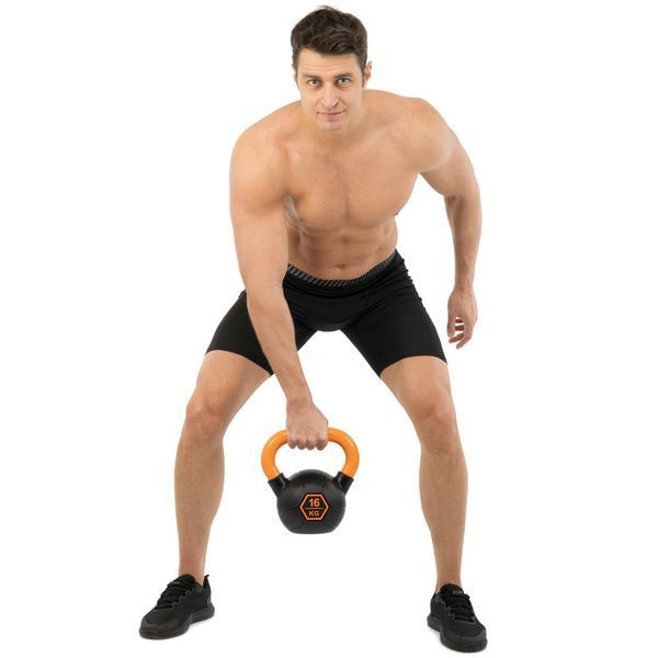 Гиря тренировочная цельная обрезиненная с окрашенной ручкой LiveUp Urethane competition kettlebell UAZE5336-16 вес 16кг черный-оранжевый UAZE5336-16 фото