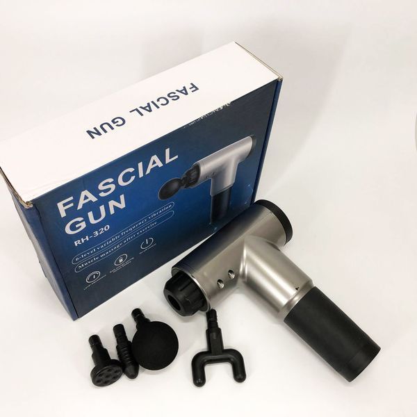 Аккумуляторный массажер Fascial Gun KH-320 портативный ручной ударный мышечный пистолет 4 насадки серый ws15677-3 фото