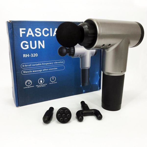 Аккумуляторный массажер Fascial Gun KH-320 портативный ручной ударный мышечный пистолет 4 насадки серый ws15677-3 фото