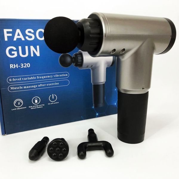 Аккумуляторный массажер Fascial Gun KH-320 портативный ручной ударный мышечный пистолет 4 насадки серый ws15677-3 фото