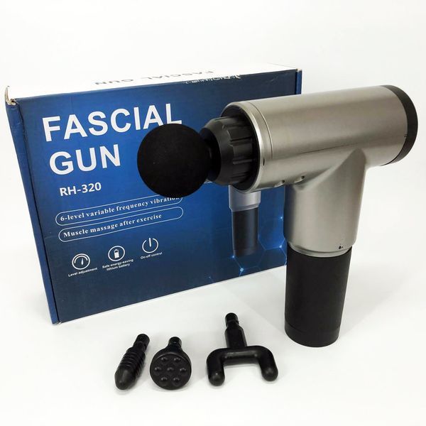 Аккумуляторный массажер Fascial Gun KH-320 портативный ручной ударный мышечный пистолет 4 насадки серый ws15677-3 фото