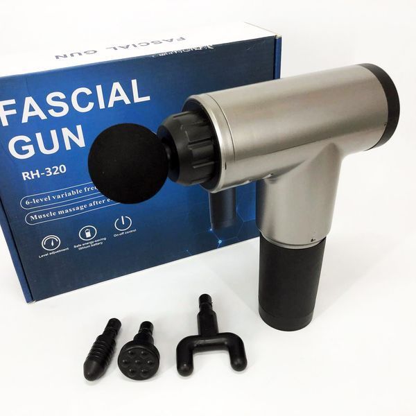 Аккумуляторный массажер Fascial Gun KH-320 портативный ручной ударный мышечный пистолет 4 насадки серый ws15677-3 фото