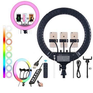 Кільцева LED лампа RGB MJ45 Ring 45 см комплектація адаптер із вбудованим кабелем, тримачі для телефону, пульт ws27373 фото