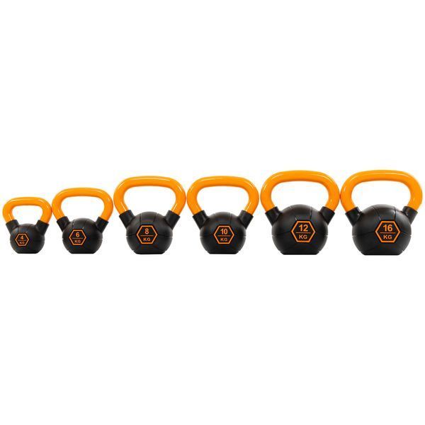 Гиря тренувальна цільна гумова з пофарбованою ручкою LiveUp Urethane competition kettlebell UAZE5336-8 вага 8кг чорний-помаранчевий UAZE5336-8 фото