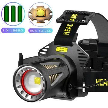 Фонарь налобный H610-WHITE LASER LED PM50-TG, сенсор движения, 3x18650, Power Bank ws69695 фото
