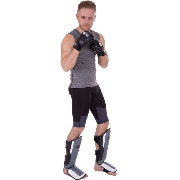 Защита голени и стопы Муай Тай, ММА, Кикбоксинг кожаная UFC PRO Training UHK-69981 S-M серебряный-черный UHK-69981 фото