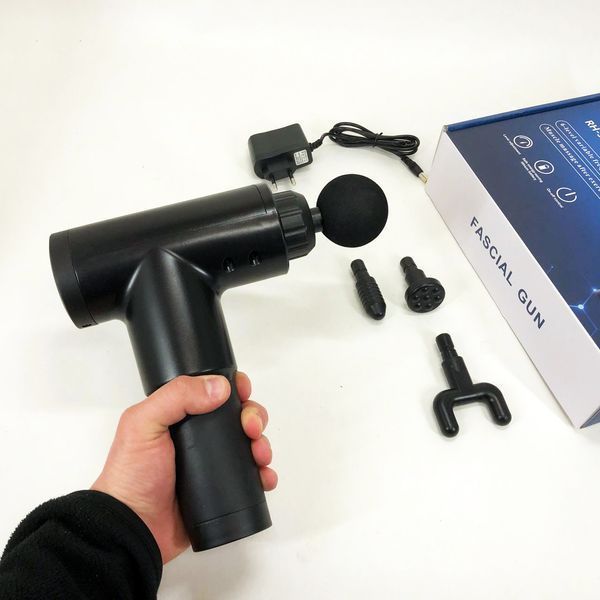 Акумуляторний масажер Fascial Gun KH-320 портативний ручний ударний м'язовий пістолет 4 насадки чорний ws15677 фото