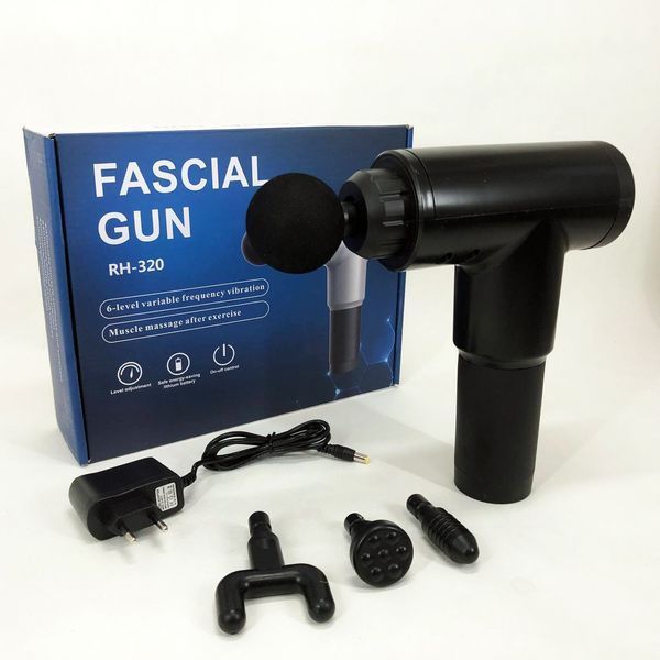 Акумуляторний масажер Fascial Gun KH-320 портативний ручний ударний м'язовий пістолет 4 насадки чорний ws15677 фото