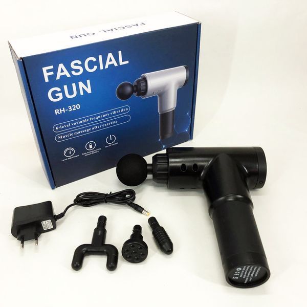 Акумуляторний масажер Fascial Gun KH-320 портативний ручний ударний м'язовий пістолет 4 насадки чорний ws15677 фото