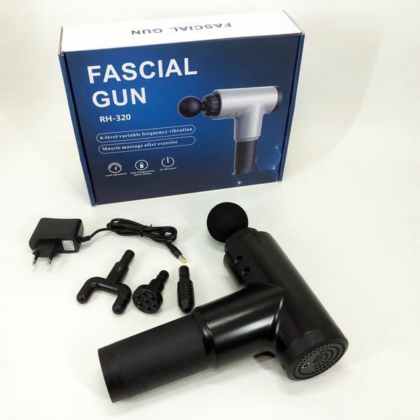 Акумуляторний масажер Fascial Gun KH-320 портативний ручний ударний м'язовий пістолет 4 насадки чорний ws15677 фото