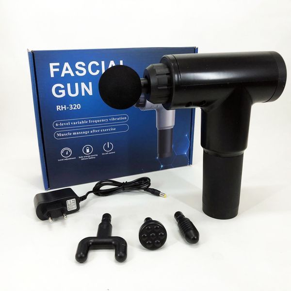 Акумуляторний масажер Fascial Gun KH-320 портативний ручний ударний м'язовий пістолет 4 насадки чорний ws15677 фото