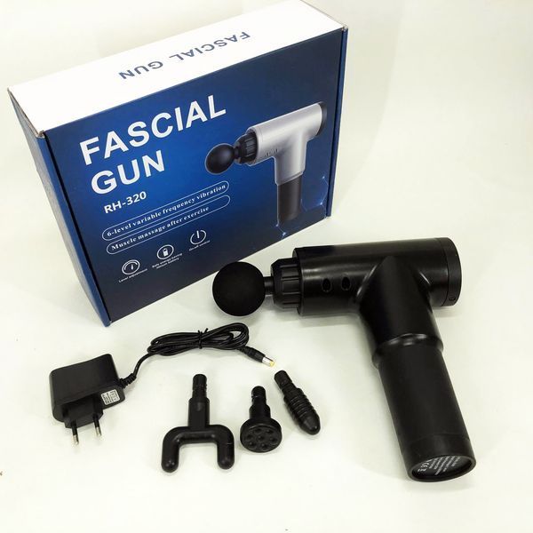 Акумуляторний масажер Fascial Gun KH-320 портативний ручний ударний м'язовий пістолет 4 насадки чорний ws15677 фото