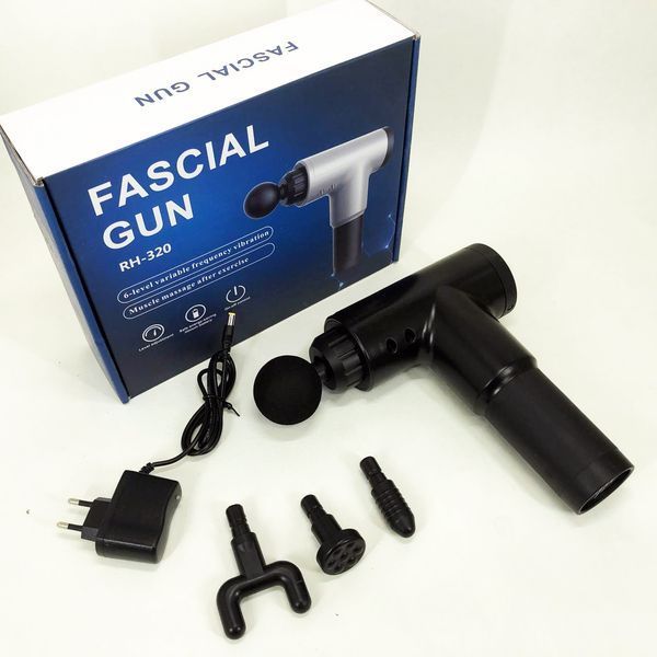 Акумуляторний масажер Fascial Gun KH-320 портативний ручний ударний м'язовий пістолет 4 насадки чорний ws15677 фото