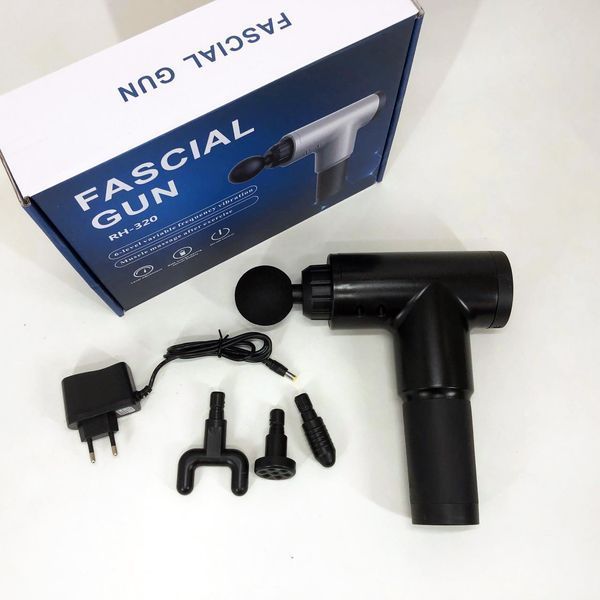 Акумуляторний масажер Fascial Gun KH-320 портативний ручний ударний м'язовий пістолет 4 насадки чорний ws15677 фото