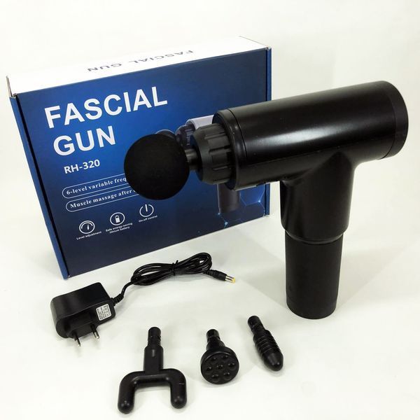 Акумуляторний масажер Fascial Gun KH-320 портативний ручний ударний м'язовий пістолет 4 насадки чорний ws15677 фото