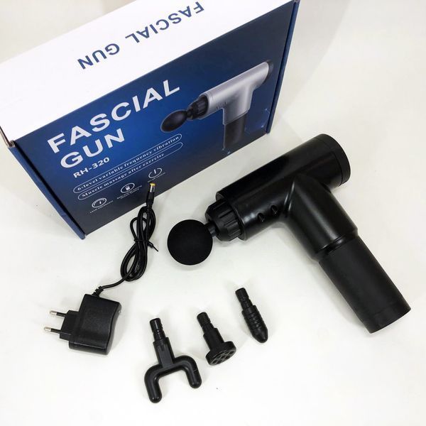 Акумуляторний масажер Fascial Gun KH-320 портативний ручний ударний м'язовий пістолет 4 насадки чорний ws15677 фото
