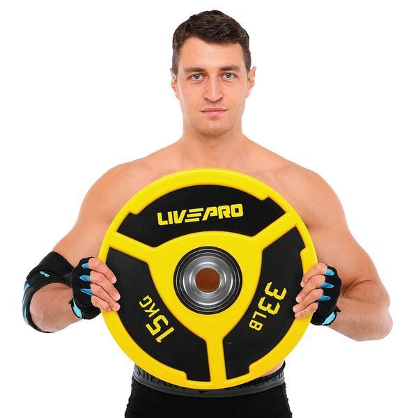 Бамперні диски поліуретанові Bumper Plates LiveUp LP8027-15 o50.5мм 15кг жовтий-чорний LP8027-15 фото