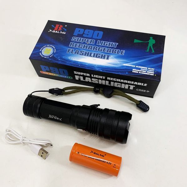 Ручной аккумуляторный светодиодный фонарь Police X-Balog BL-1827-P90 переносной с USB зарядкой оптическим зумом и металлическим корпусом + ремешок на руку ws44441 фото