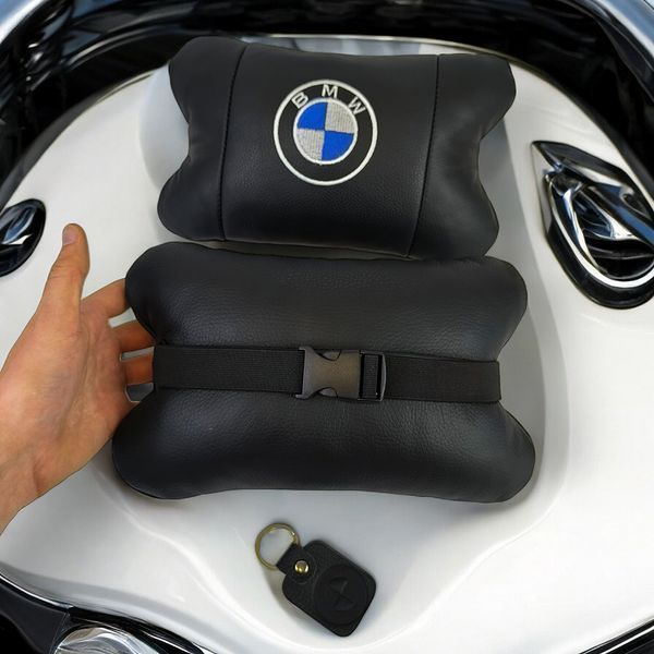Авто подушки 2 шт &mdash; набор BMW из натуральной кожи, на подголовник в машину, Автомобильная подушка БМВ ws13553-1 фото