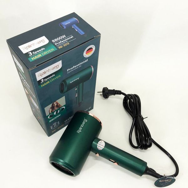 Фен Rainberg RB-2212 8800Вт з регуляцією температури та швидкості для сушіння та укладання волосся Green ws22231 фото