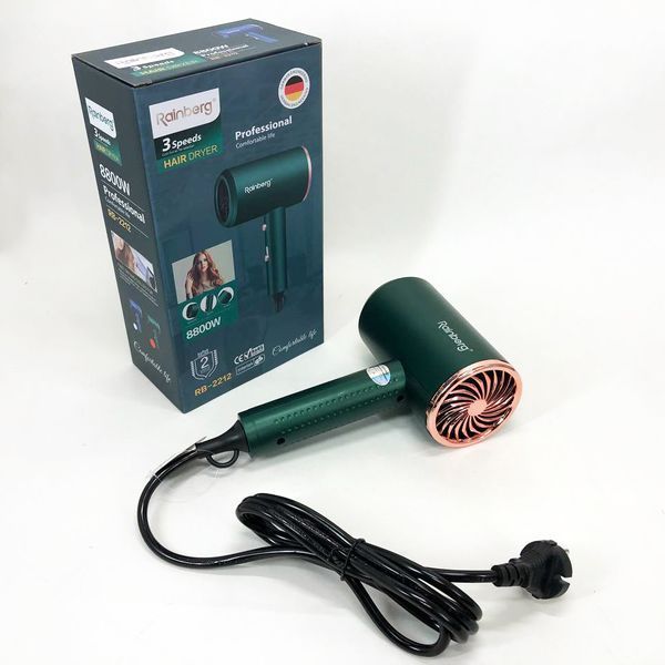 Фен Rainberg RB-2212 8800Вт з регуляцією температури та швидкості для сушіння та укладання волосся Green ws22231 фото