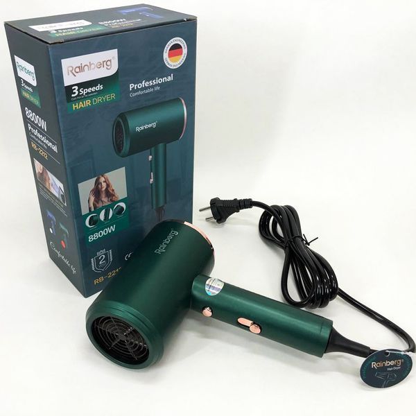 Фен Rainberg RB-2212 8800Вт з регуляцією температури та швидкості для сушіння та укладання волосся Green ws22231 фото