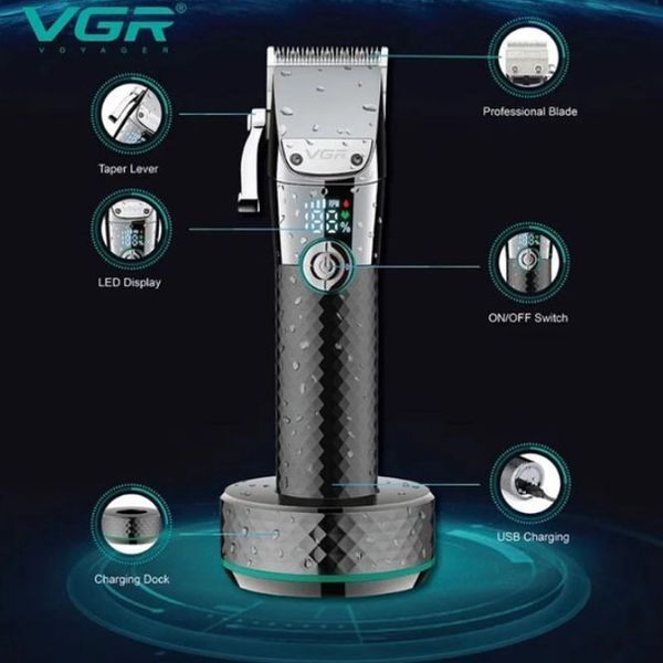 Професійна бездротова машинка для стрижки VGR V-682 тример для волосся, бороди та вусів на підставці ws59561 фото
