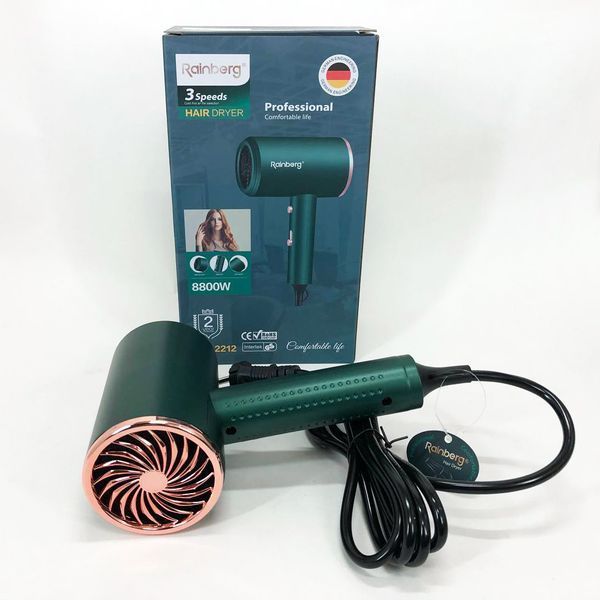 Фен Rainberg RB-2212 8800Вт з регуляцією температури та швидкості для сушіння та укладання волосся Green ws22231 фото