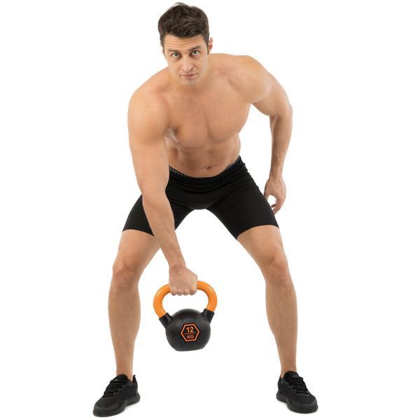 Гиря тренувальна цільна гумова з пофарбованою ручкою LiveUp Urethane competition kettlebell UAZE5336-12 вага 12кг чорний-помаранчевий UAZE5336-12 фото