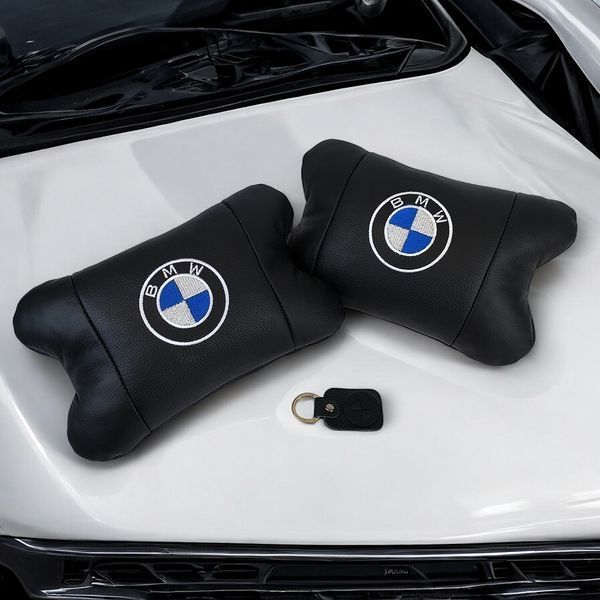 Авто подушки 2 шт &mdash; набор BMW из натуральной кожи, на подголовник в машину, Автомобильная подушка БМВ ws13553-1 фото