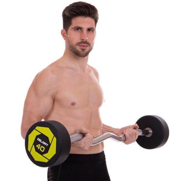 Штанга нерозбірна з фіксованою вагою вигнута поліуретанова Zelart Urethane Barbell TA-2690-40 довжина-111см 40кг чорний-салатовий TA-2690-40 фото