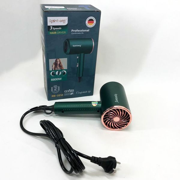 Фен Rainberg RB-2212 8800Вт з регуляцією температури та швидкості для сушіння та укладання волосся Green ws22231 фото