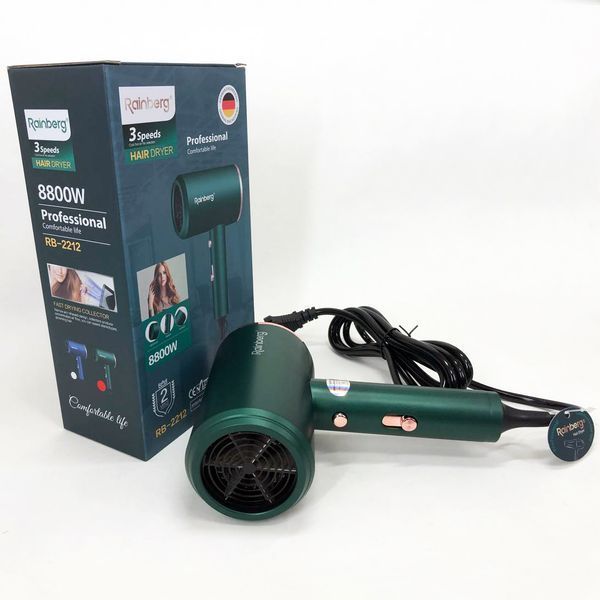 Фен Rainberg RB-2212 8800Вт з регуляцією температури та швидкості для сушіння та укладання волосся Green ws22231 фото