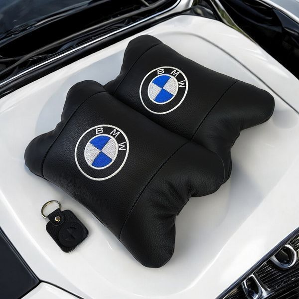 Авто подушки 2 шт &mdash; набор BMW из натуральной кожи, на подголовник в машину, Автомобильная подушка БМВ ws13553-1 фото
