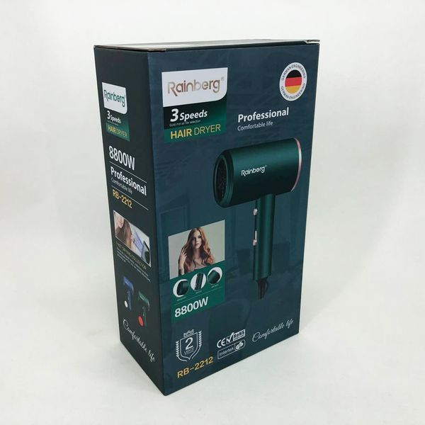 Фен Rainberg RB-2212 8800Вт з регуляцією температури та швидкості для сушіння та укладання волосся Green ws22231 фото