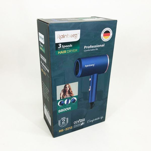 Фен Rainberg RB-2212 8800Вт з регуляцією температури та швидкості для сушіння та укладання волосся Blue ws22231-1 фото