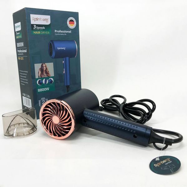 Фен Rainberg RB-2212 8800Вт з регуляцією температури та швидкості для сушіння та укладання волосся Blue ws22231-1 фото