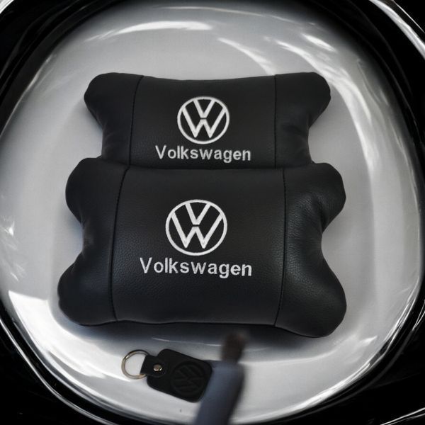 Набор подушек 2шт в авто Volkswagen из натуральной кожи, на подголовник в машину, Автомобильная подушка ws13553-2 фото