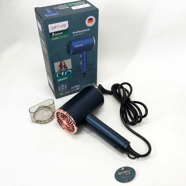 Фен Rainberg RB-2212 8800Вт з регуляцією температури та швидкості для сушіння та укладання волосся Blue ws22231-1 фото