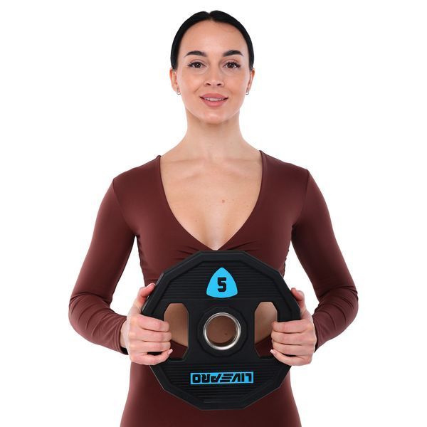 Блини диски поліуретанові 2 Handle металева втулка LiveUp LP8023-5 o51мм 5кг чорний LP8023-5 фото