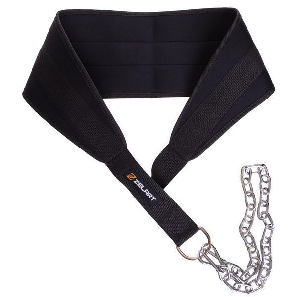 Пояс атлетичний для обтяження текстильний з ланцюгом та карабіном Zelart Dipping Belt TA-2647 спинка-20см чорний TA-2647 фото