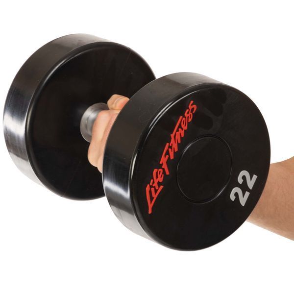 Гантель цільна професійна з поліуретановим покриттям LIFE FITNESS SC-80081-22 1шт 22кг чорний-червоний SC-80081-22 фото
