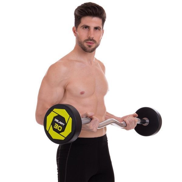Штанга неразборная с фиксированным весом изогнутая полиуретановая Zelart Urethane Barbell TA-2690-30 длина-107см 30кг черный-салатовый TA-2690-30 фото