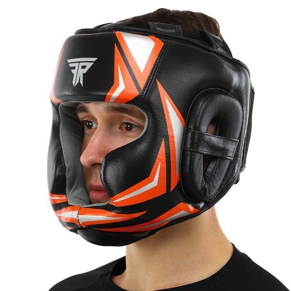 Шолом боксерський з повним захистом шкіряний FISTRAGE COMBAT VL-6381 S-XL чорний-помаранчевий S VL-6381 фото