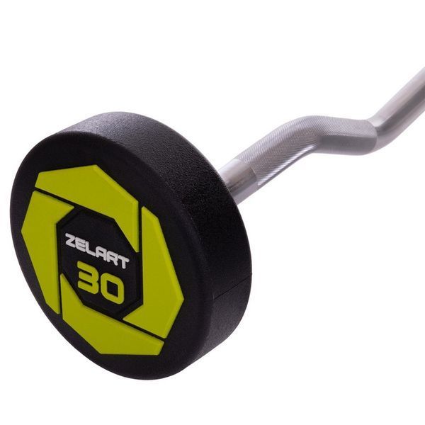 Штанга неразборная с фиксированным весом изогнутая полиуретановая Zelart Urethane Barbell TA-2690-30 длина-107см 30кг черный-салатовый TA-2690-30 фото